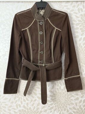 Vintage Y2K Mossimo Women’s M Retro Brown Contrast Stitch Belted Jacket Blazer